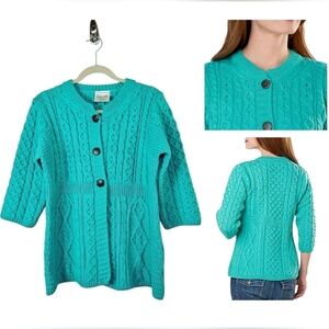 Kilronan Ireland 100% Merino Wool 3/4 Sleeve Sweater Turquoise Sweater #01-09